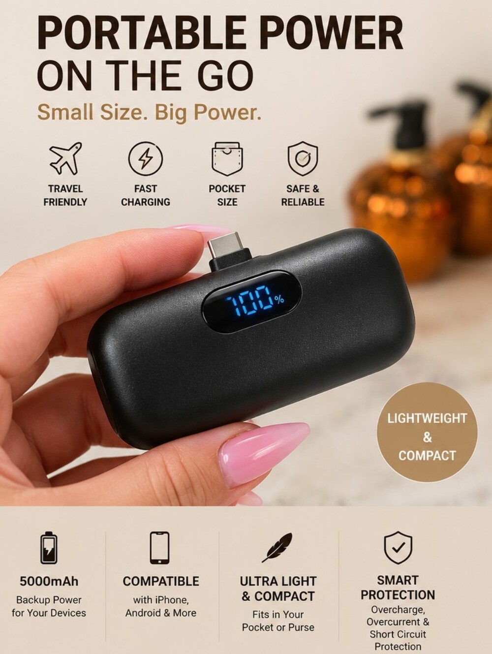 Portable 5000mAh Mini Power Bank with Built-In USB-C Connector & LED Display